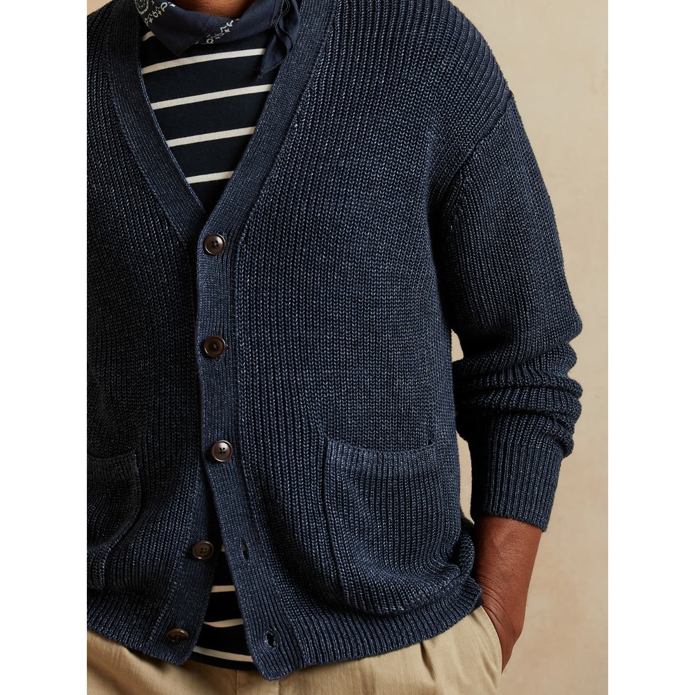 BANANA REPUBLIC Relaxed V Neck Cardigan Men Large Navy 100% Linen GPa NWOT $300